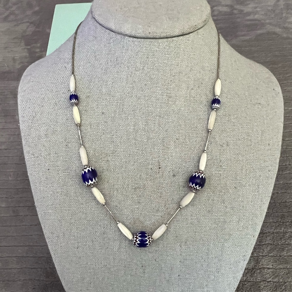 Rare Vintage Chevron Venetian Glass and Beaded Sterling Necklace